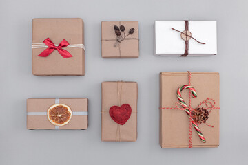 gifts for christmas and new year in craft paper, layout, minimalistic eco design, scandinavian style