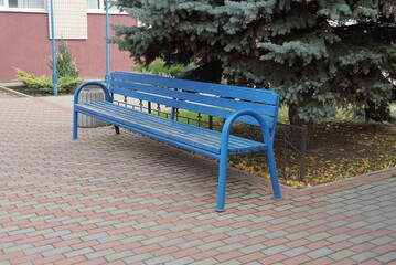 one blue empty wooden bench stands on the sidewalk in the park near a green spruce
