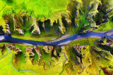 Iceland. View on river in canyon from drone. Landscape in Iceland at day time. Landscape from air....