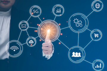 Business Asian woman touching Big data Cloud and business intelligence with chart and graph icons, Team success, HR Human, Business success and teamwork concept.