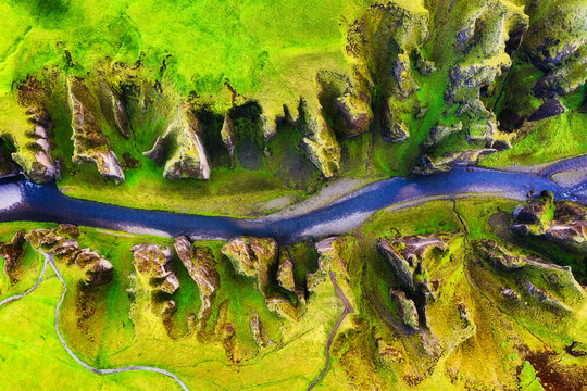 Iceland. View on river in canyon from drone. Landscape in Iceland at day time. Landscape from air. Travel image