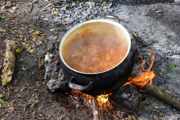 Food is cooked in an old pot in the middle of the forest. Migrants prepare a meal in a wild camp.