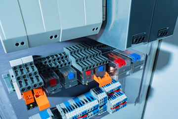 The electrical panel. Voltage distributor with automatic switches. Electric background. Supply of...