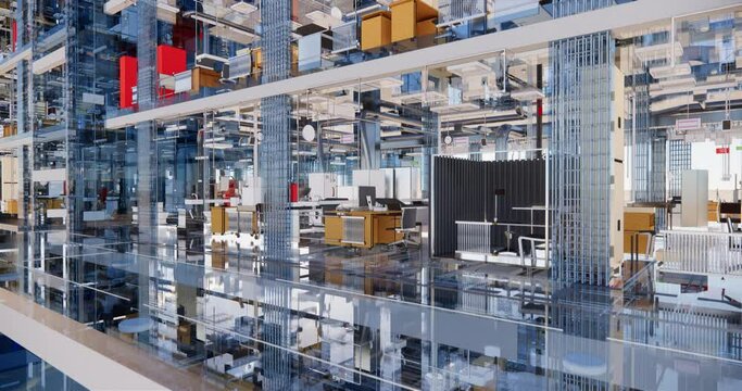 Conceptual visualization of a BIM model of an office building with transparent walls