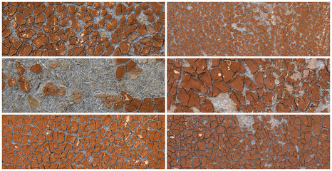 Set of textures of old cracked artificial leather. The surface of the dried leatherette with lots...