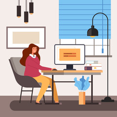 Business woman worker sitting in home room interior and work computer. Website username login password username account access concept vector flat cartoon graphic design illustration