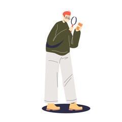 Man examining pills bottle with magnifying glass. Expired medicines concept