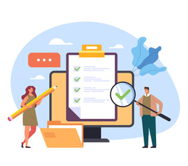 Online internet web questionnaire check mark examination feedback test training class concept vector flat cartoon graphic design illustration