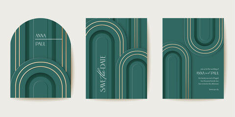 Art deco luxury card vector set. Modern minimal 3d geometric wedding invitation collection