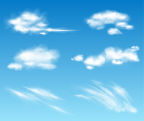 Naklejka na ściany i meble Realistic vector transparent clouds collection. Cloudy fluffy sky illustration. Storm, rain cloud effects