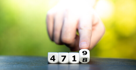 Symbol for a new year in the Chinese calendar. Hand turns dice and changes the year 4718 to the year 4719.