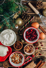 Christmas - baking cake background. Dough ingredients and decorations