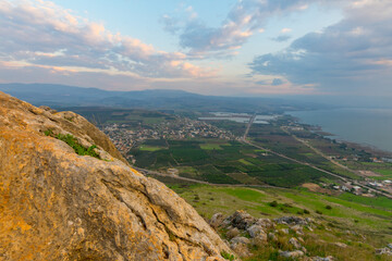 Fototapeta na wymiar Sunrise view of the north of the Sea of Galilee