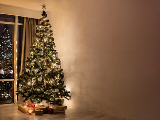 Festive new year tree shining during night