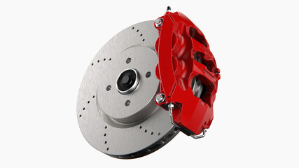 Car brake discs and red calipers isolated on white background 3D