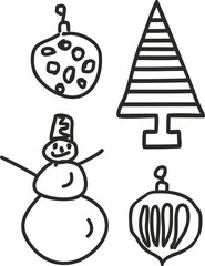Vector set of hand-drawn black and white Christmas silhouettes with fir tree, gifts, snowman isolated on white background