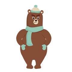 Cartoon funny bear with angry emotions with hat and scarf isolated on white background. Icon, sticker animal, brown grizzly.