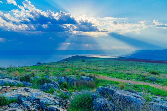 Morning view of the Sea of Galilee, with Sun beams
