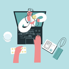Vector flat illustration top view laptop shows online consultation of cardiologist. There hands hold tablets, blood pressure monitor, and glass water. Concept virtual doctor, online recommendations.
