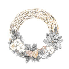 Greeting hand drawn Christmas wreath, element in sketch style. Christmas wreath with cotton flowers, spruce branches.