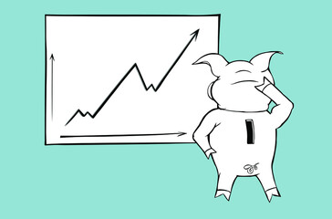 Black and white illustration of puzzled  piggy bank looks at the growing chart