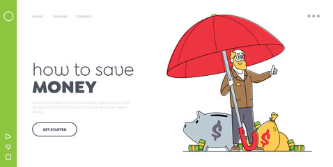 Business Man Protect Capital Landing Page Template. Businessman Character under Umbrella with Money Show Thumb Up