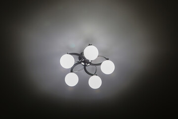 Beautiful chandelier with five shades of white frosted glass.