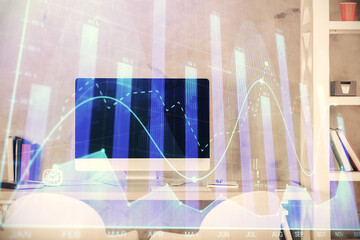 Multi exposure of stock market chart drawing and office interior background. Concept of financial...