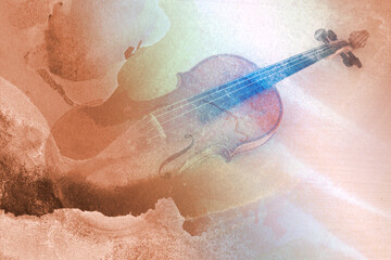 Old violin lying on the sheet of music, abstract watercolor concept