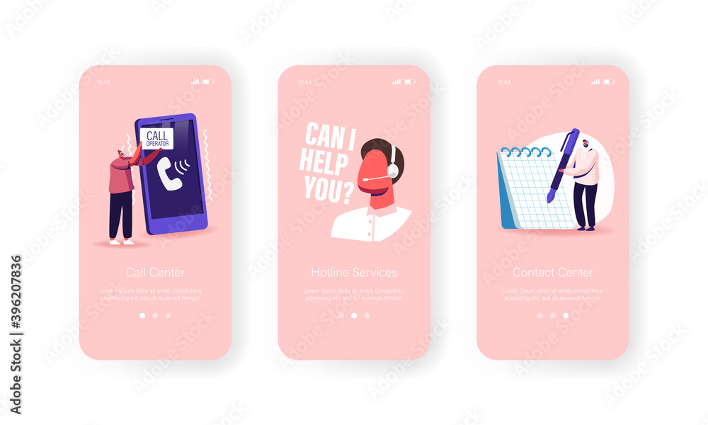 Poster call center, technical support service mobile app page onboard screen template. operator and client 