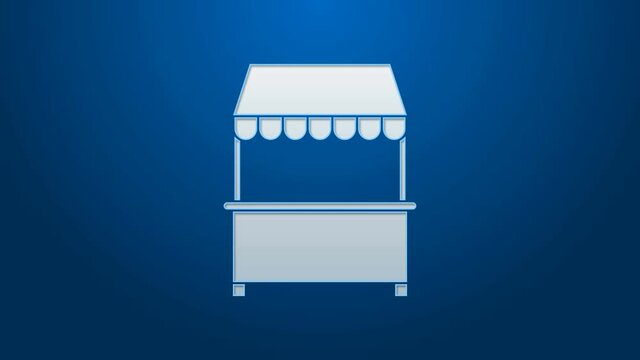 White line Street stall with awning and wooden rack icon isolated on blue background. Kiosk with wooden rack. 4K Video motion graphic animation.