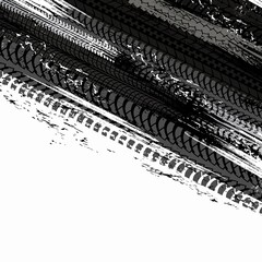 Offroad tyre print and grunge spot vector background, black dirty tire trace for automobile service, off road race competition design. Rally, motocross dirty tire pattern, grungy vehicle trail texture © Vector Tradition