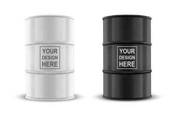 Vector 3d Realistic Illustration. White and Black Simple Glossy Metal Oil, Fuel, Gasoline Barrel Icon Set Isolated on White Background. Design Template of Packaging for Mockup. Front View