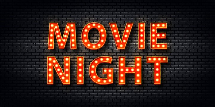 Vector realistic isolated retro marquee billboard with electric light lamps of Movie Night logo for template decoration and covering on the wall background. Concept of show and director.