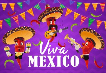 Mexican chilli pepper musician vector characters of Viva Mexico holiday. Cartoon red chili mariachi with Mexican sombrero hats, maracas, guitar and trumpet, jalapenos and festive bunting flag garlands