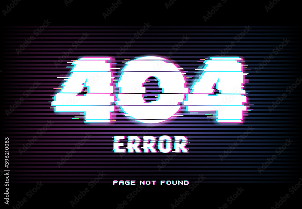 Aufkleber 404 error, page not found in glitch effect style with vector distorted horizontal glitched lines and neon glowing typography on dark background. Website under maintenance, lost internet connection