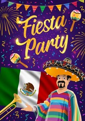 Mexican fiesta party of Viva Mexico vector design. Mexican flag, maracas and sombrero hat, mariachi musician, trumpet, festive bunting and fireworks, Cinco de Mayo carnival greeting card