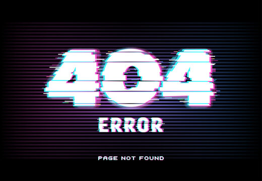 404 error, page not found in glitch effect style with vector distorted horizontal glitched lines and neon glowing typography on dark background. Website under maintenance, lost internet connection
