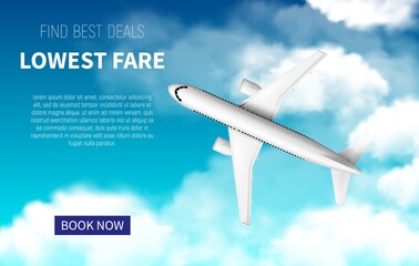 Lowest fare vector poster, cheap flight business promotion with realistic 3d airplane. Book now online travel service. Airline promo internet offer, tickets sale. White plane flying in blue cloudy sky