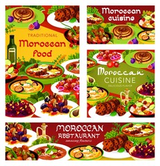 Moroccan food vector Balkan cold eggplant soup, meat with prunes and almond, pomegranate beetroot salad. Fig cake, couscous with vegetables, and fishball with tomato sauce, meatballs Morocco cuisine