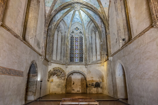 Interior of Palace of the Kings of Majorca (built in XIII century): old high chapel. Perpignan, Pyrenees-Orientales, France. September 1, 2020.