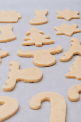 Raw gingerbread cookies on the white baking sheet.