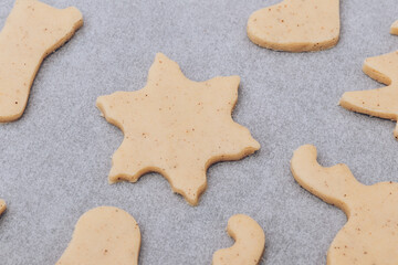 Raw gingerbread cookies on the white baking sheet.