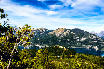 Great mountain and pine trees landscape on a very sunny day, seen from the view of very green pine bushes taken close up