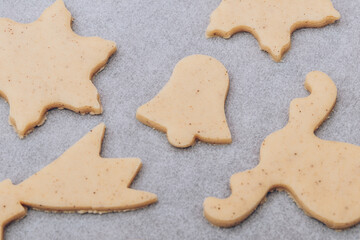 Raw gingerbread cookies on the white baking sheet.