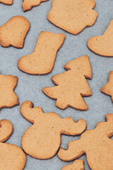 Tasty baked Christmas gingerbread cookies on the white baking sheet.