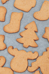 Tasty baked Christmas gingerbread cookies on the white baking sheet.