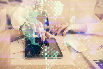 Double exposure of forex chart sketch hologram and woman holding and using a mobile device. Financial market concept.