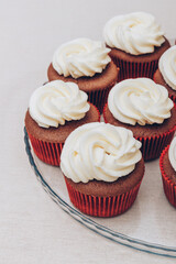 Delicious chocolate cupcakes with swirled frosting cream on top on the bright tablecloth.