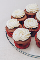 Delicious chocolate cupcakes with swirled frosting cream on top on the bright tablecloth.